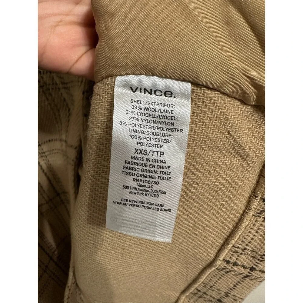 Quiet Luxury Vince‎ Plaid Wool Blend Open Front Coat Tan Black XXS V675791302